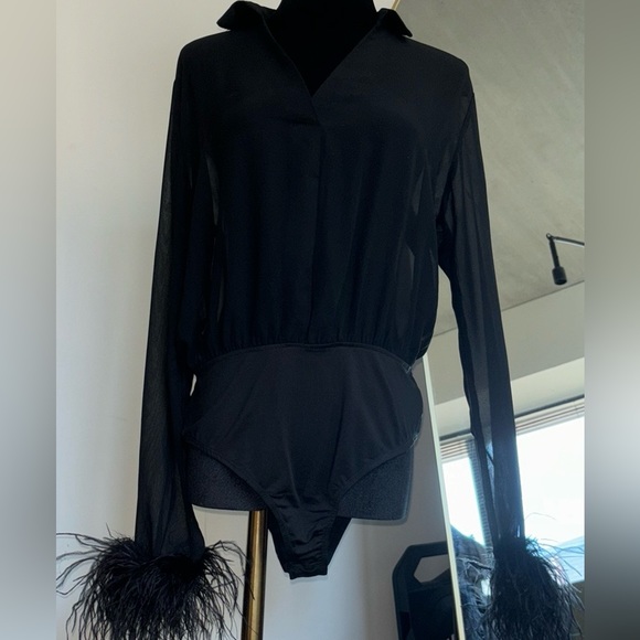 Akira Sheer Ostrich Feather Bodysuit Size L - Picture 1 of 6